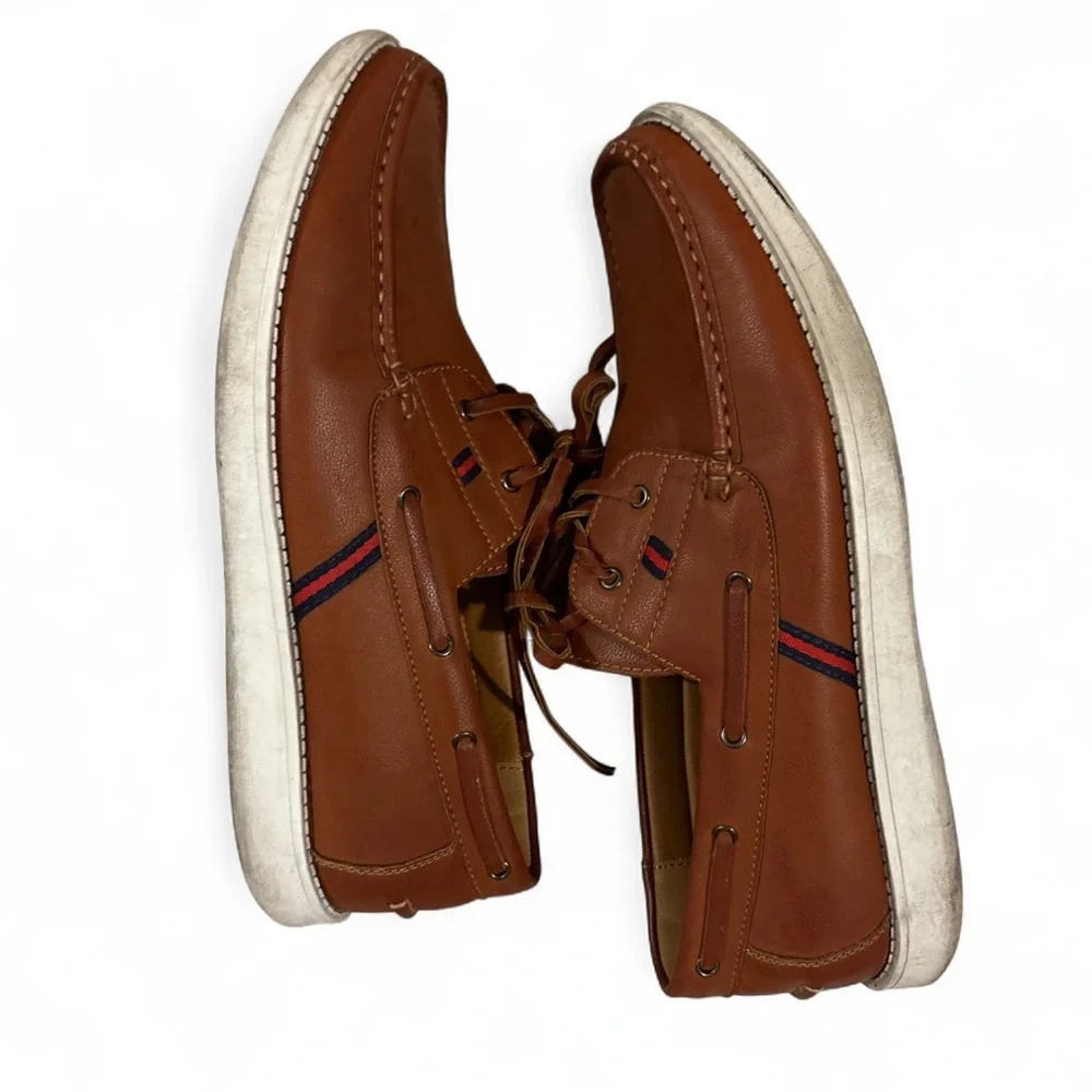 Tahari Men’s Brown Leather Boat Shoes Size 12 Moc Toe Stripe Casual Loafers